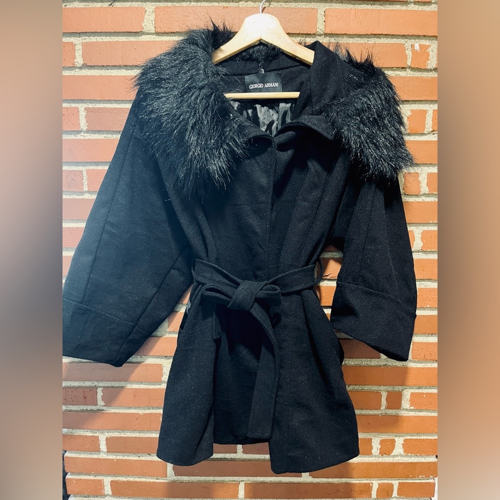 Giorgio Armani Black Jacket Coat with Removable Faux Fur Collar Detail and Belt